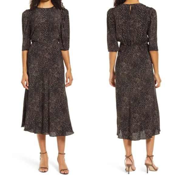 HALOGEN Womens Puff‎ Short Sleeve Bias Cut Animal Print Midi Dress L - Picture 1 of 14